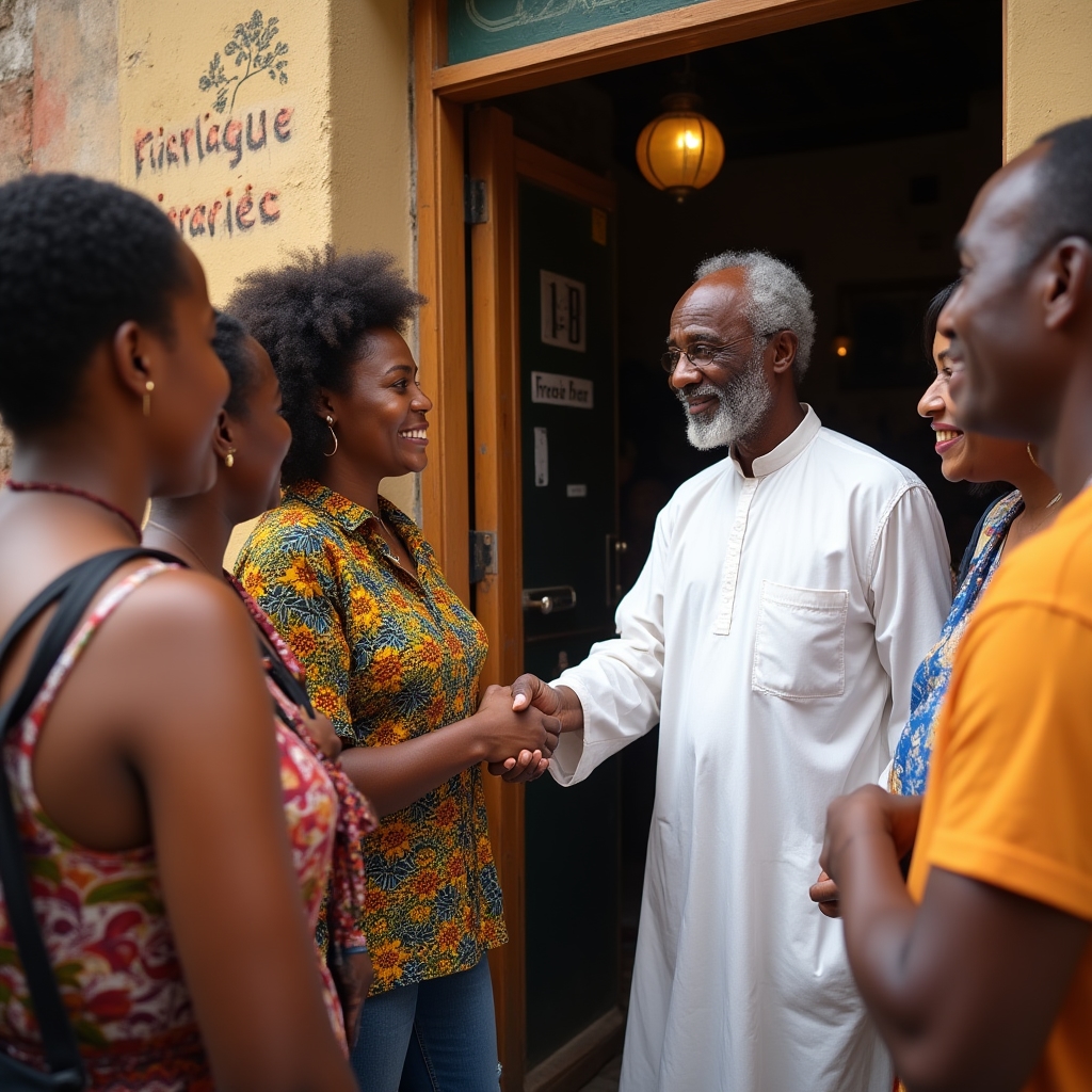 A tour guide introducing a small group to a Senegalese restaurant owner in West Philadelphia, with warm handshakes and genuine smiles
