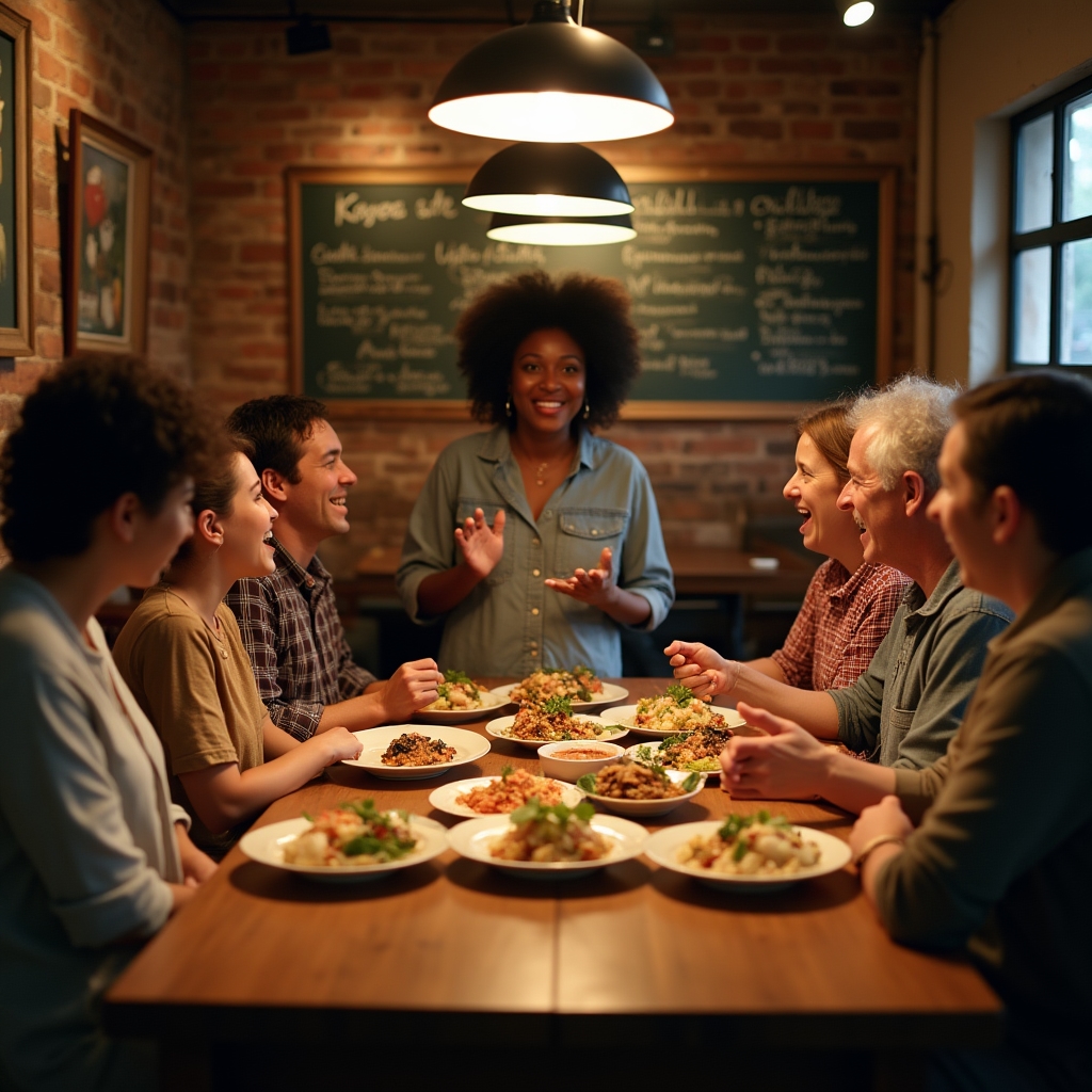 A small group of tour participants tasting food at a neighborhood restaurant