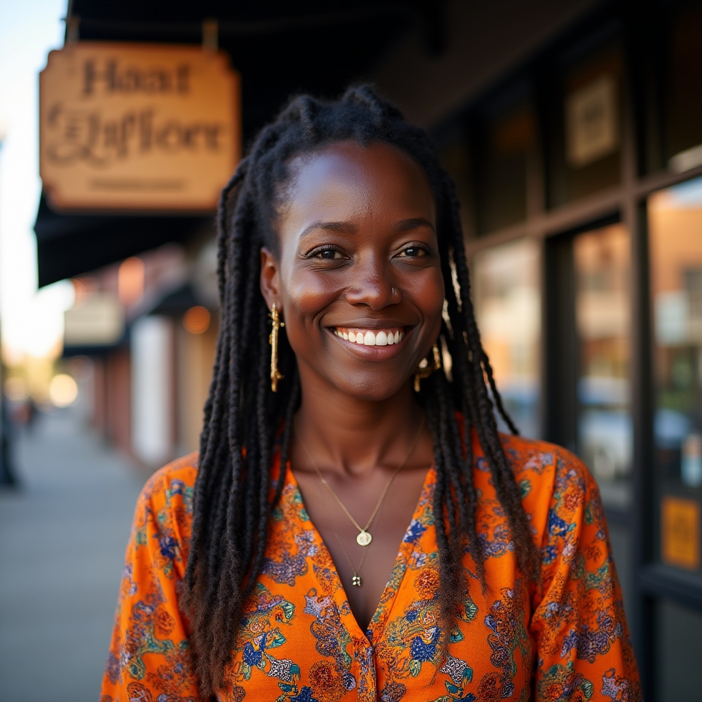 A female tour guide in her late 30s of West African descent standing outside an Ethiopian restaurant in West Philadelphia, wearing colorful traditional-inspired clothing