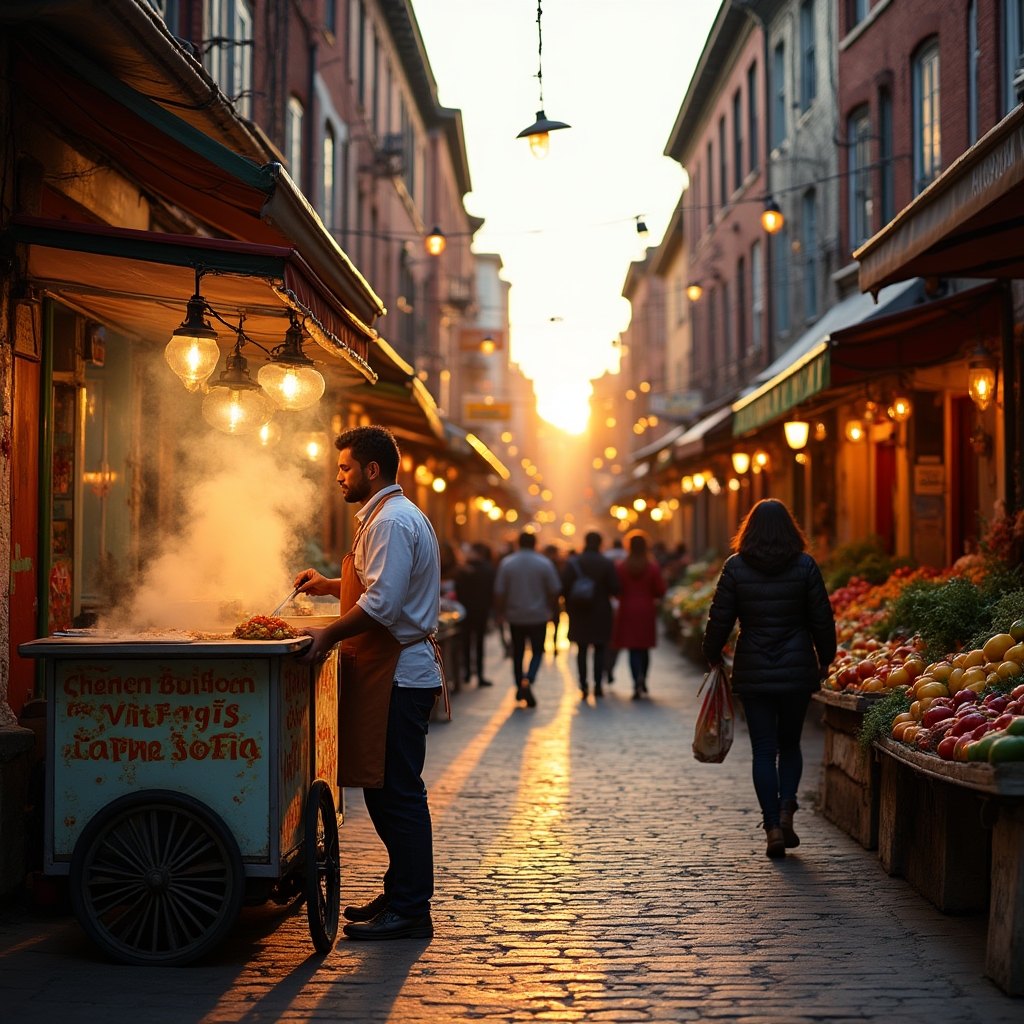 Vibrant Philadelphia neighborhood street with food vendors and colorful storefronts