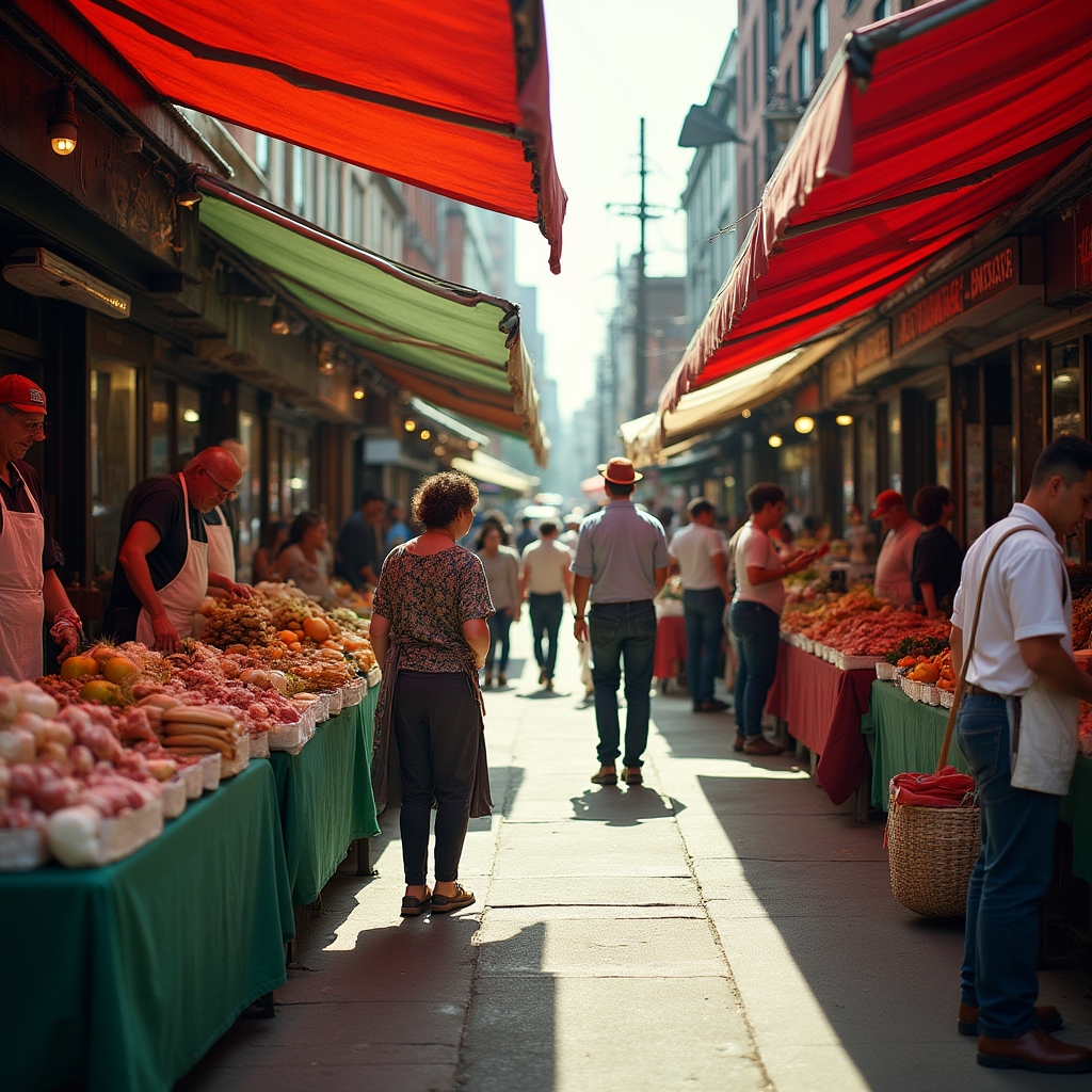 The historic Italian Market on 9th Street in South Philadelphia with colorful produce stands and awnings stretching down the block